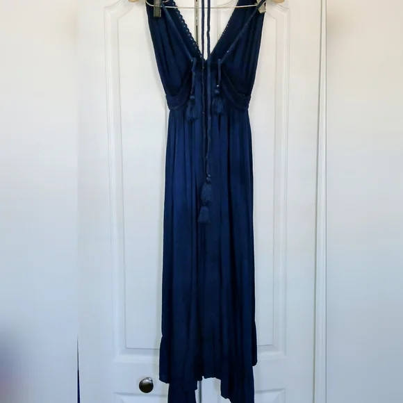 Elegant Navy Blue Plunging Neckline Boho Maxi Dress - Picture 9 of 16